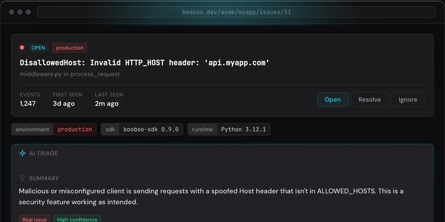 booboo.dev — issue-pagina met AI-triage van een DisallowedHost-fout